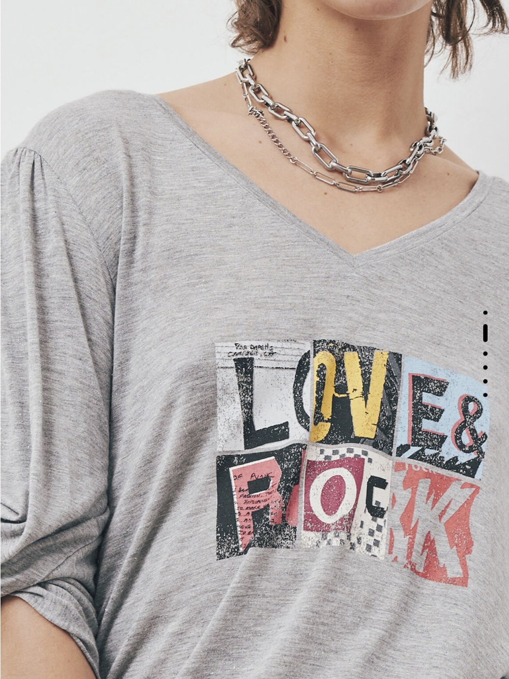 Ikks Light Grey V-Neck Tee with Multicolor LOVE & ROCK Graphic